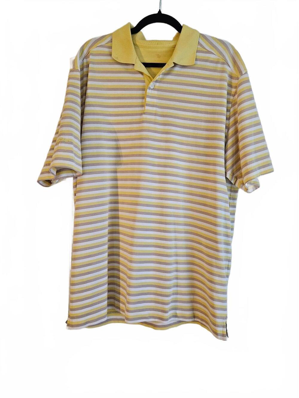Callaway Golf Sport Striped Yellow Beige & White Polo Shirt-XL-